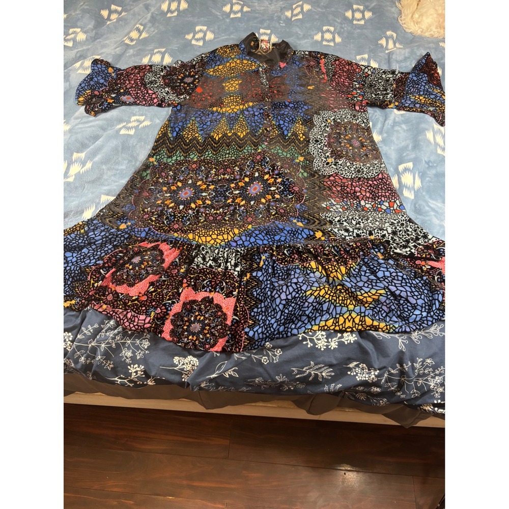 Johnny Was XL Velvet Burnout Tunic Dress Multi Color Mosaic Bell Sleeve Boho